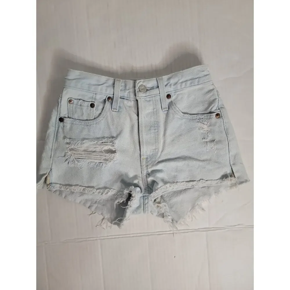 Levis Premium 501 Denim Shorts SZ 23 High Rise Button Fly Distressed Big E